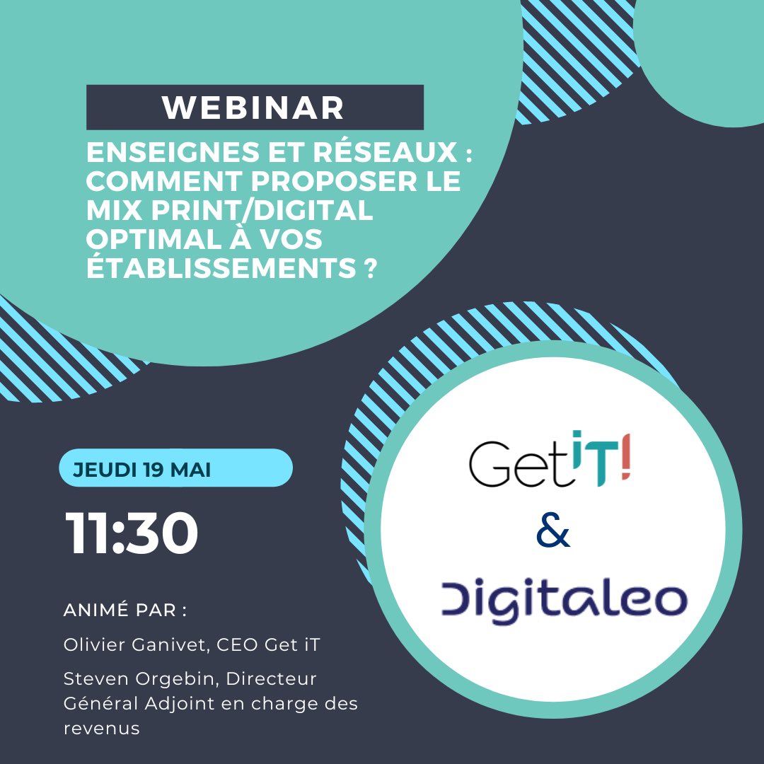 WEBINAR 📣 Get iT x ⁦<a href="/digitaleo/">digitaleo</a>⁩
 
Enseignes et réseaux : comment proposer le mix digital/print optimal ? 
 
Animé par ⁦⁦<a href="/olivierganivet/">olivier ganivet</a>⁩ et ⁦⁦<a href="/StevenOrgebin/">Steven Orgebin</a>⁩
 
RDV jeudi 19 mai à 11:30 !
 
#webinar #réseau #digital #print
 
app.livestorm.co/digitaleo/webi…