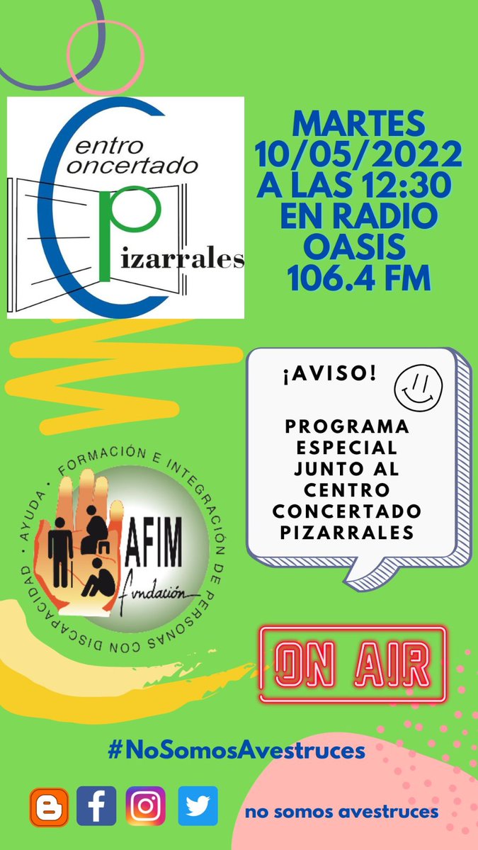 nosmsavestruces's tweet photo. Hoy es #martes de #Radio. Nos reencontramos con los compañeros de @CPizarrales para charlar un rato.
Os esperamos en @OasisSalamanca a las 12.30.
¡No te pierdas el programa de hoy! 📻🎙️👂

@FundacionAfim #nosomosavestrucesradio #Radiodirecto https://t.co/xxENpfsROt