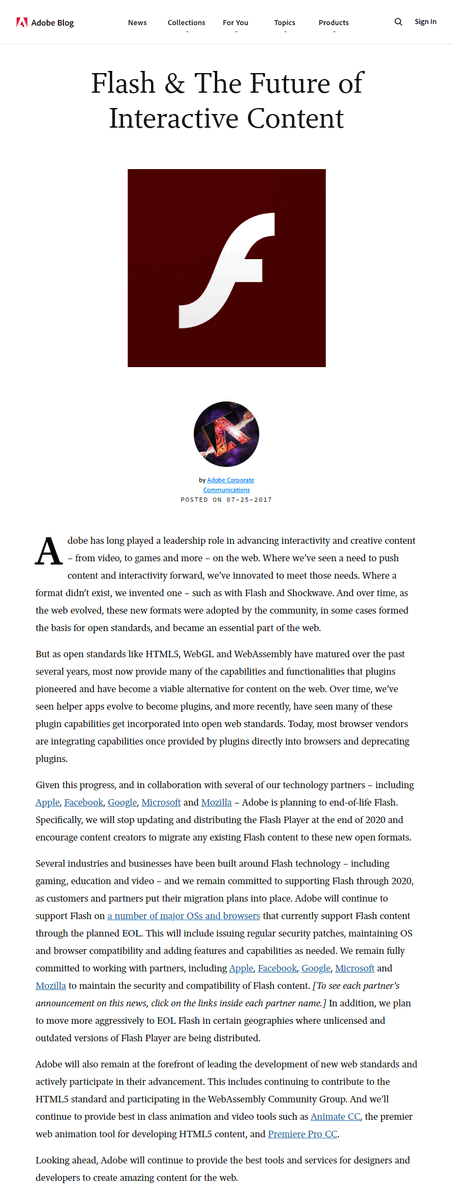 WebDesignMuseum's tweet photo. On 25th June 2017, Adobe Systems announced that it would cease support for Flash in 2020 and would no longer issue additional security updates for Adobe Flash Player. Flash became gradually replaced by HTML5, WebGL, or WebAssembly technology.
#RIPFlash #WebDesignHistory https://t.co/SO8SnAzFXX