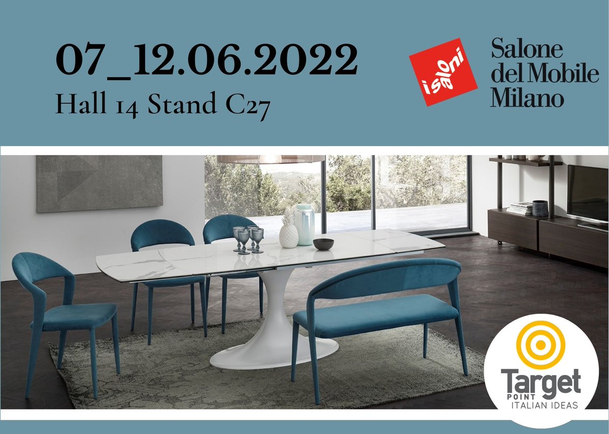TargetTwitt's tweet photo. Nuove collezioni di tavoli e tavolini, nuove madie, nuove sedie e sgabelli e soprattutto nuovi materiali. Siamo pronti a stupirvi, ci vediamo al Salone del Mobile!
PADIGLIONE 14 | STAND C27
Target Point, Italian Ideas
@iSaloniofficial https://t.co/BWA4hRfWPJ