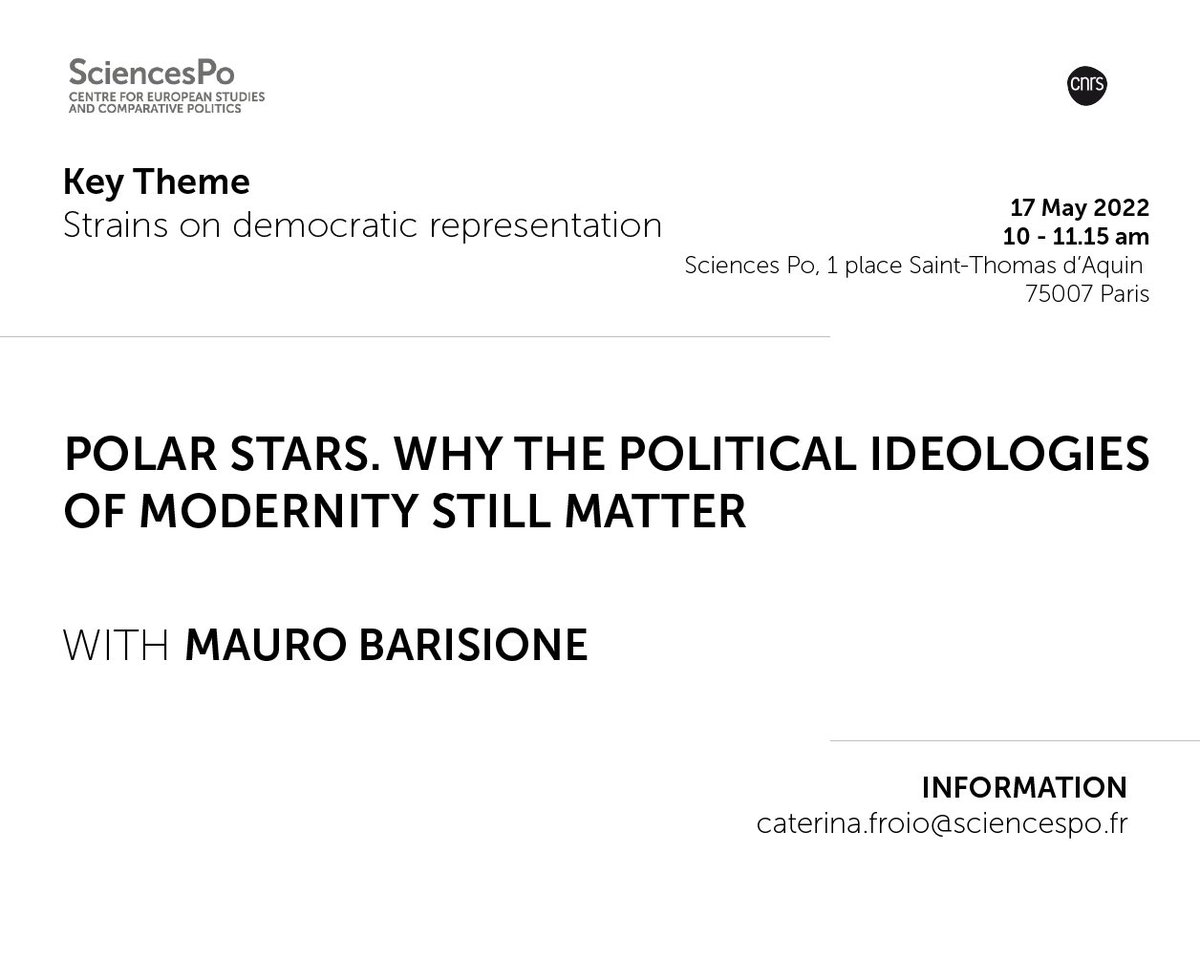 CEE, Sciences Po/CNRS (@sciencespo_cee) on Twitter photo 🗝️KEY THEME SEMINAR
Polar Stars. Why the Political Ideologies of Modernity still Matter with <a href="/m_barisione/">mauro barisione</a> from <a href="/LaStatale/">Università degli Studi di Milano</a>
🗓️17 May ⸱ 10 - 11.15 am
📍Sciences Po, 1 place Saint-Thomas d'Aquin, 75007 Paris
Registration & information ➡️ bit.ly/3MZ5BCK 🗝️KEY THEME SEMINAR
Polar Stars. Why the Political Ideologies of Modernity still Matter with <a href="/m_barisione/">mauro barisione</a> from <a href="/LaStatale/">Università degli Studi di Milano</a>
🗓️17 May ⸱ 10 - 11.15 am
📍Sciences Po, 1 place Saint-Thomas d'Aquin, 75007 Paris
Registration & information ➡️ bit.ly/3MZ5BCK