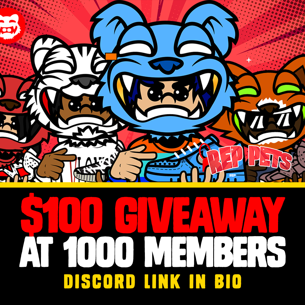 RepPetsNFT's tweet photo. Our first giveaway is taking place 👀

We hit over 200 members within 24 hours of launching the #Discord ! Lets hit 1k Members before Friday &amp; run a $100 giveaway 💰 

First 20 server boosters gain auto #Whitelist 
Join 👉 https://t.co/86g6jEgdIG

#Nft #Eth #nfts #NFTGiveaway https://t.co/ArYiythj6r