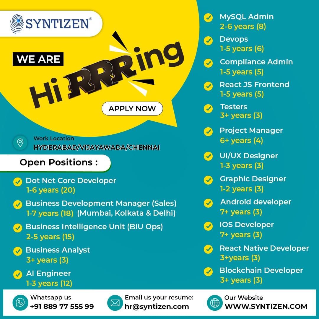 syntizenindia's tweet photo. #SyntizenHiRRRing 
Syntizen is looking for Resources. Details in the image. Please share your resumes to the given contact details. @THubHyd @taskts  @vamsik2k @Dinesh_Desu @sidsrinivas #Syntizen #Hiring #Developers #Sales #BD #Testers https://t.co/v7b5rSsi3l