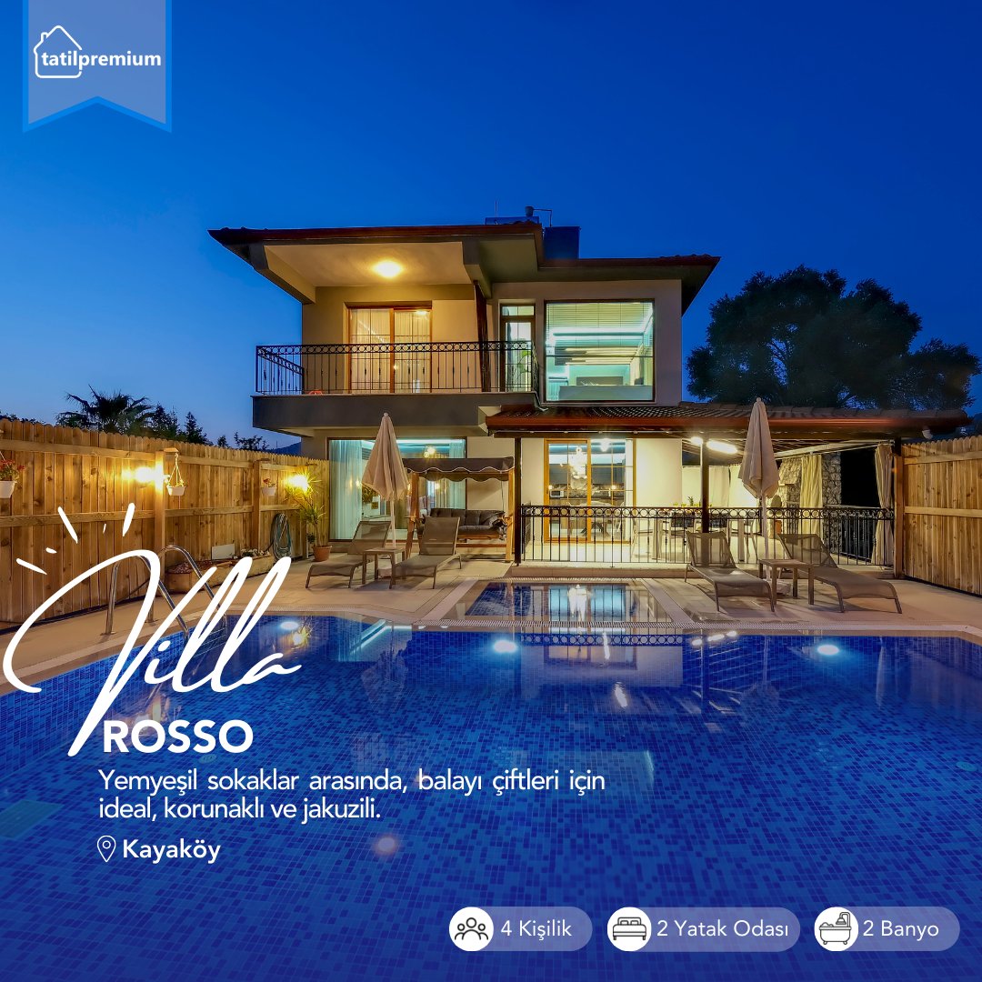 tatilpremium's tweet photo. Villa Rosso, kendine ait korunaklı havuzu, bahçesi, 1 tanesi jakuzili toplam 2 yatak odası ile 4 kişi konaklama kapasitesine sahiptir. 
🌐 Detaylı Bilgi için: https://t.co/bpY7lkmiS6

#kiralikvilla #tatilpremium #korunaklivilla #balayionerileri #balayivillalari https://t.co/vopNrLYpV5