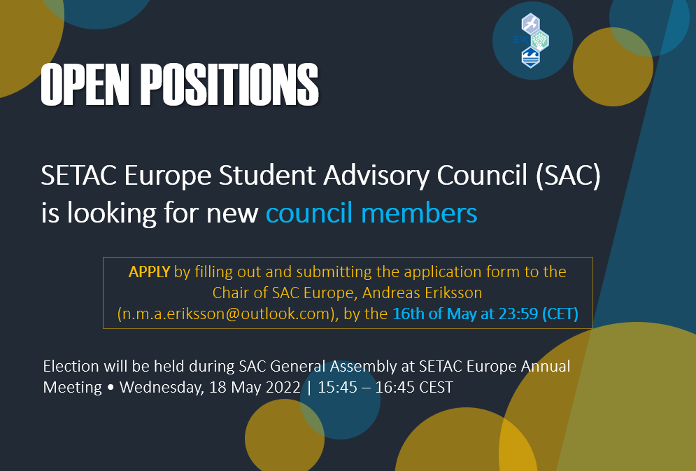 studentsofSETAC's tweet photo. SETAC Europe Student Advisory Council (SAC) is looking for new council members! Find all information and APPLICATION FORM on the following link: https://t.co/sqUbyhICKx (search for Student Advisory Council General Assembly scheduled for Wednesday, 18 May 2022). #SETACCopenhagen https://t.co/7pc9XdOcAm