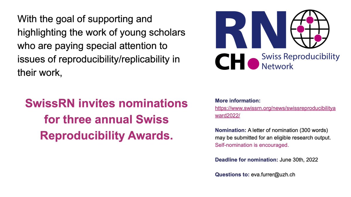 Swiss Reproducibility Network @swissrn.bsky.social (@swissrn) on Twitter photo SwissRN invites nominations for three annual Swiss Reproducibility Awards!
Please distribute widely among Swiss based ECRs.
<a href="/snf_ch/">Schweizerischer Nationalfonds (SNF)</a> <a href="/academies_ch/">Akademien der Wissenschaften Schweiz</a> @EvieVergauwe @HannoWurbel @HeldLeonhard SwissRN invites nominations for three annual Swiss Reproducibility Awards!
Please distribute widely among Swiss based ECRs.
<a href="/snf_ch/">Schweizerischer Nationalfonds (SNF)</a> <a href="/academies_ch/">Akademien der Wissenschaften Schweiz</a> @EvieVergauwe @HannoWurbel @HeldLeonhard