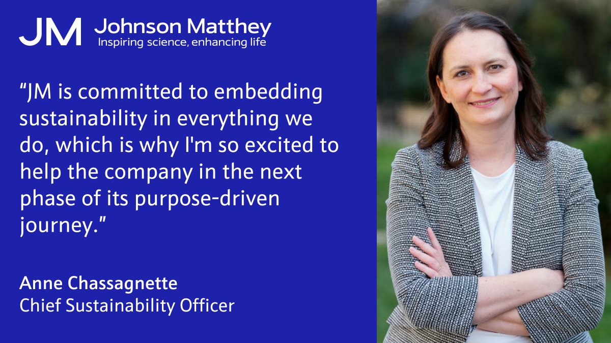 Johnson_Matthey's tweet photo. Introducing our new Chief Sustainability Officer, Anne Chassagnette! 🙌 
We're delighted to welcome Anne, who will play a key role in driving JM’s #sustainability agenda.

https://t.co/C3eYWtdWAt

#CleanerHealthierWorld https://t.co/SPjG3MQbuP
