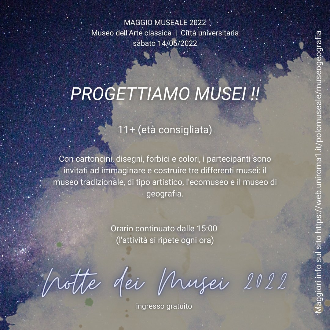 Non perdete l'occasione di poter progettare insieme 3 differenti tipi di musei! Solo alla Notte dei Musei 2022 in Sapienza!

🔥Info al sito web.uniroma1.it/polomuseale/ma…

#nottedeimusei2022 #maggiomuseale #geografia #geography #musei <a href="/sapienzaroma/">Sapienza Università di Roma</a> <a href="/museisapienza/">Musei Sapienza</a> <a href="/AIIGgeografia/">AIIG - Geografia</a>