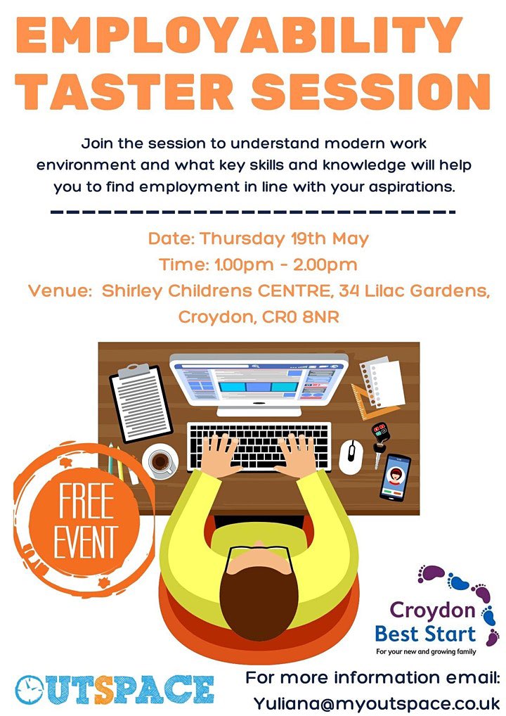 Come join us for a FREE Employability Taster Session at Shirley Children’s Centre on May 19th at 1 PM. Book your place on the link below. 

eventbrite.com/e/employabilit…
#croydon <a href="/CroydonLibs/">Croydon Libraries</a> <a href="/CroydonBMEForum/">Croydon BME Forum</a> <a href="/ARCCLTD/">ARCC</a> <a href="/HomeStartCroyd/">Home-Start Croydon</a> <a href="/Croydon_Drop_In/">Croydon Drop In</a> <a href="/ABCDacorns2oaks/">SelhurstCommunity</a> <a href="/CroydonCAB/">Citizens Advice Croydon</a>