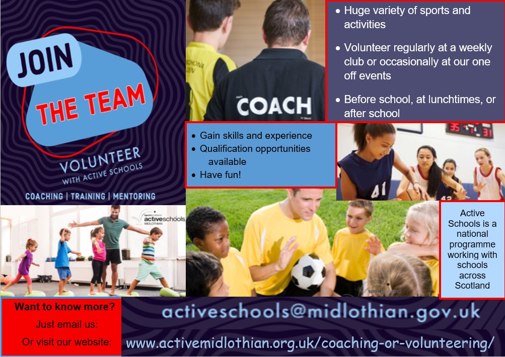 Active_Mid's tweet photo. ACTIVE SCHOOLS | VOLUNTEERS

Looking for a new challenge - could you volunteer an hour or two a week?

Active Schools are looking for new volunteers to support or lead sports sessions in schools &amp; community facilities -Training/support provided

ActiveSchools@midlothian.gov.uk https://t.co/86sFp1tpX3