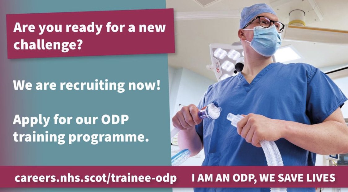 Are you ready for a new career challenge? Operating department practitioners provide skilled care to patients at every stage of their surgical procedure. 📢 Recruiting now! Apply for our ODP training programme ⬇️ 🔗 careers.nhs.scot/trainee-odp #ODPCareers @UniWestScotland
