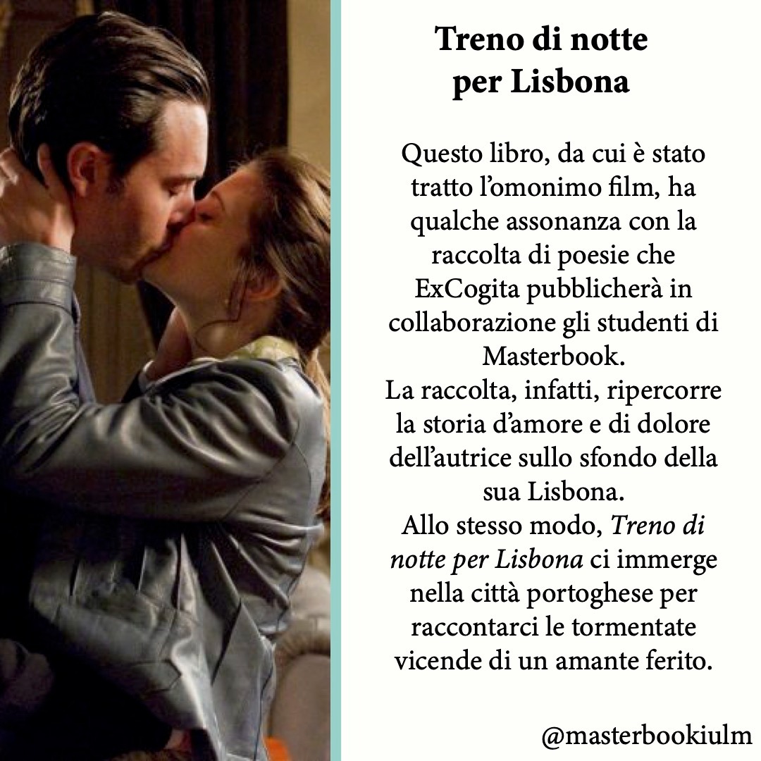 Ciak, si legge!
Altri indizi sui libri che MasterBook 2022 presenterà al Salone di Torino!
Oggi parliamo del famoso romanzo di Pascal Mercier: “Treno di notte per Lisbona”.
Seguiteci su Instagram per altre curiosità!
#librovsfilm #curiosità #masterbook