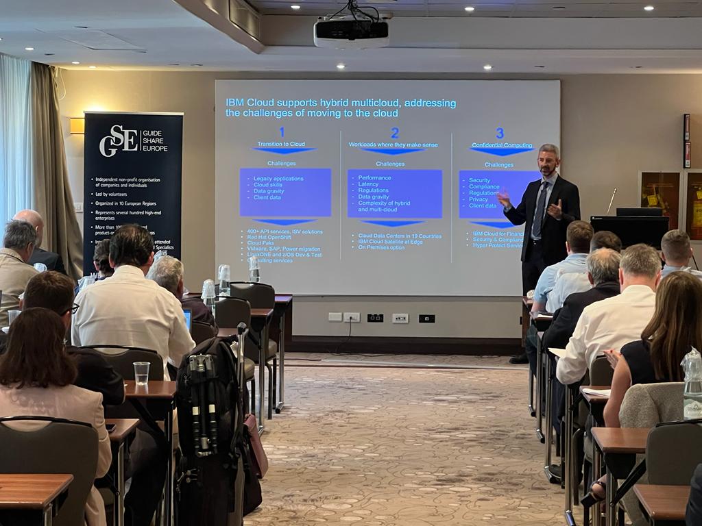 GuideShareEurop's tweet photo. This day of the GSE GUIDE SPRING EVENT started with the presentation of Andrea Corbelli about "IBM Cloud for Regulated Industries". #IBM #IBMcloud #cloud #guideshareeurope #conference https://t.co/6j80Xiq0rN