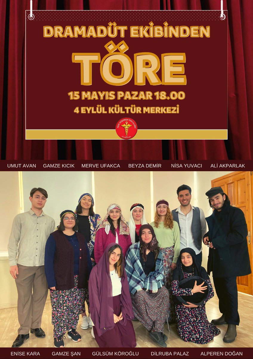 Tamamı tıp fakültesi öğrencilerinden oluşan bir ekiple Turgut Özakman'ın " Töre" oyununu 15 Mayıs saat 18.00'de 4 Eylül Kültür Merkezi İzzettin Keykavus salonunda sizlere sunacağız. Kredili olan bu oyunumuza hepinizi bekleriz 🎭