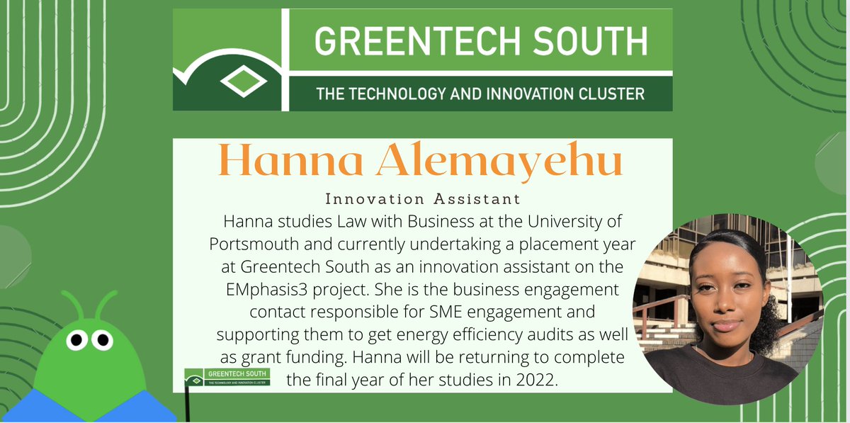 GreentechSouth's tweet photo. Please meet, Hanna!
An Innovation Assistant for our Emphasis3 project. ππ
#meettheteam #teammember #innovationassistant #Emphasis3 #EM3 #GreentechSouth #GTS #energyaudits #grants #studentplacement #UoP https://t.co/HjbMNZhI4F