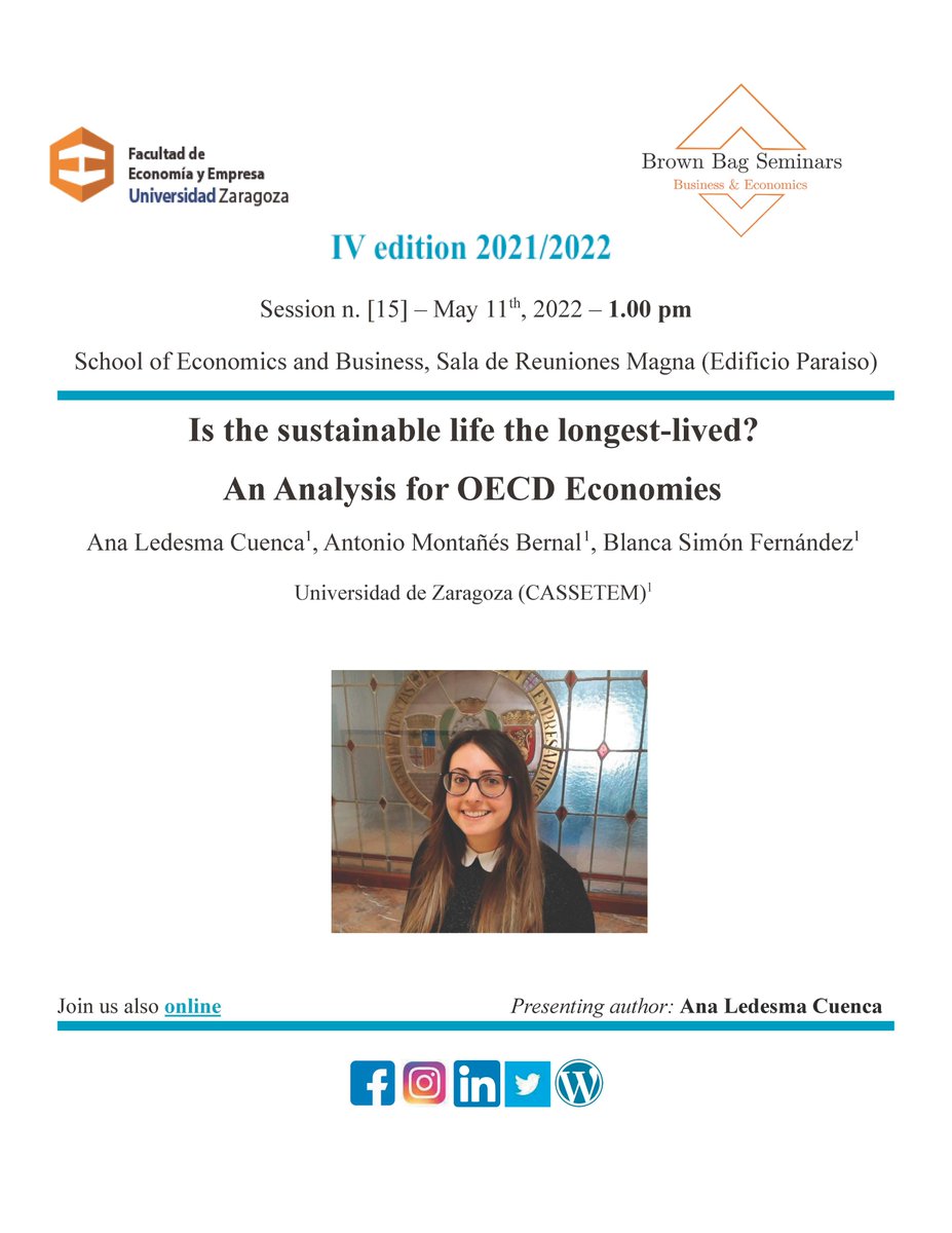 BagBusiness's tweet photo. Remember that the 15th session of the #IVBBS is tomorrow at 13.00! @FECEM_unizar
Ana Ledesma (@unizar) will present:
"Is the sustainable life the longest-lived? An Analysis for OECD Economies"
See you tomorrow on Sala de reuniones Magna and Online!!! https://t.co/cM3IiVuxan