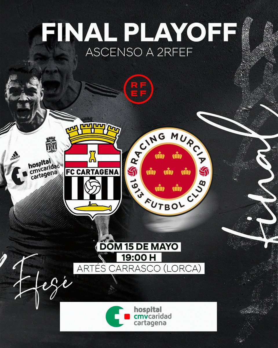 HORARIO - FINAL PLAYOFF ASCENSO 2ªRFEF
#TerceraRFEF

✅ <a href="/racingmurciafc/">Racing Murcia FC</a> 
📅 15-05-22
⏰ 19:00h
🏟️ Artés Carrasco
🎫 Gratis
🚌 <a href="/jaleocamisetas/">Jaleo Camisetas</a> - <a href="/fpfcct/">Federación de Peñas FC Cartagena</a> 

#FCCartagenaBRacingMurcia
#CanteraAlbinegra