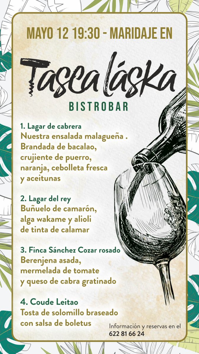 JuanFranTorres4's tweet photo. *CURSO DE INICIACIÓN A LA CATA DE VINOS* este jueves 12 de mayo empezamos con vinos blancos y rosados.

*LUGAR:* Taska Laska Bistrobar a las 19:30.

*PRECIO:* 25 euros cata+maridaje (por persona)

*INFORMACIÓN Y RESERVAS:* 622816624

LO IMPARTE @MariaMimitos97 https://t.co/qB89uw7qVl