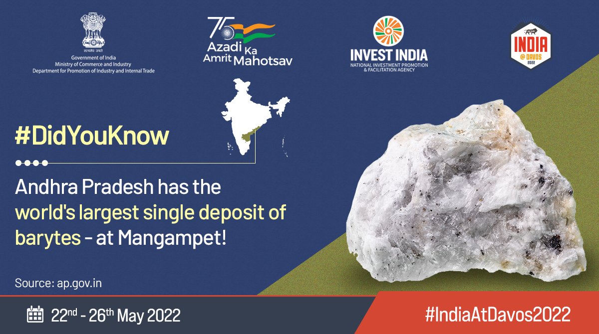 #InvestInIndia

Andhra Pradesh accounts for 95% of #NewIndia's barytes production and 14% globally!

Meet team <a href="/investindia/">Invest India</a> at #WEF22 <a href="/Davos/">World Economic Forum</a> to explore the New India Opportunity or email us at: indiaatdavos@investindia.org.in

#IndiaAtDavos2022 #IndiaAt75 #InvestIndia <a href="/AP_EDB/">Andhra Pradesh Economic Development Board</a>