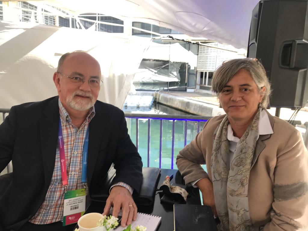 Day 2 of #miningindaba! Cecilia Hattingh, Geospatial Program Director and Jeff Doebrich, from the U.S. Geological Survey (USGS). Our #surveytechnologies assist the #USGS to provide science to develop new methods and tools to enable  information about the Earth and its processes.
