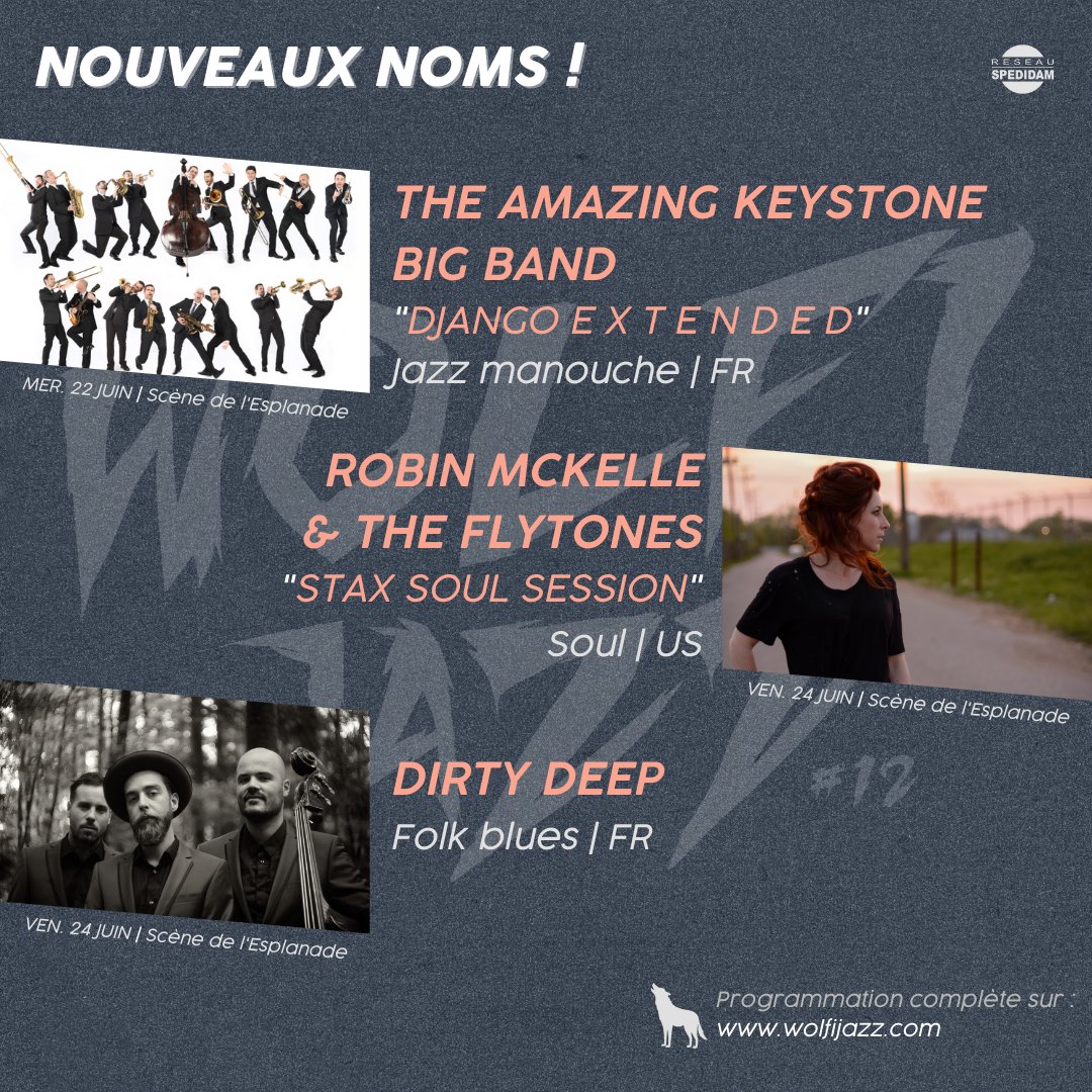 Wolfi Jazz (@wolfijazz) on Twitter photo 3 nouveaux noms pour le Wolfi Jazz ! La programmation est désormais complète 🔥
<a href="/KeystoneBigBand/">Keystone Big Band</a> - <a href="/robinmckelle/">Robin McKelle</a> - <a href="/DirtyDeepBlues/">Dirty Deep</a> rejoignent la prog de la 12ème édition.
-
🎟 Billetterie : wolfijazz.com/billetterie
🎺 Programmation par jour : wolfijazz.com/programmation/…
-
#WJ2022 3 nouveaux noms pour le Wolfi Jazz ! La programmation est désormais complète 🔥
<a href="/KeystoneBigBand/">Keystone Big Band</a> - <a href="/robinmckelle/">Robin McKelle</a> - <a href="/DirtyDeepBlues/">Dirty Deep</a> rejoignent la prog de la 12ème édition.
-
🎟 Billetterie : wolfijazz.com/billetterie
🎺 Programmation par jour : wolfijazz.com/programmation/…
-
#WJ2022