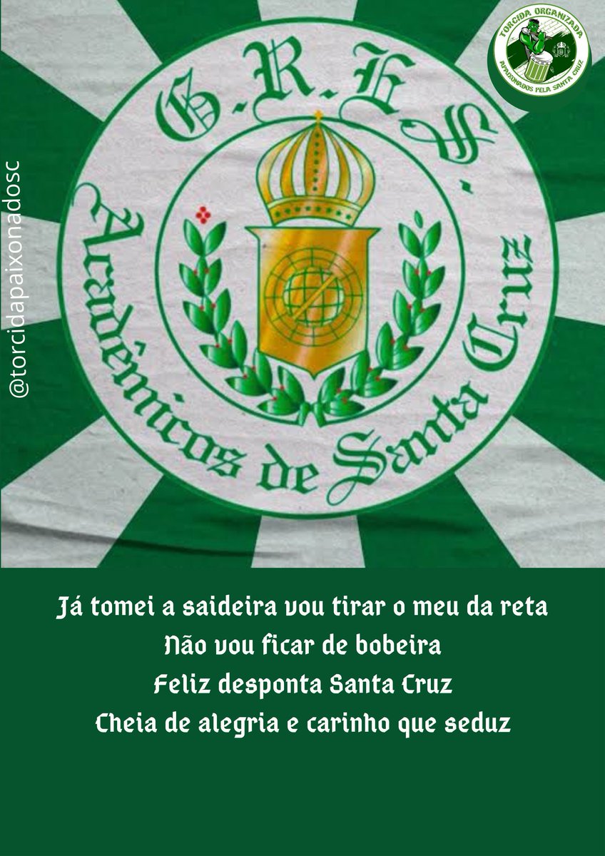 PelaTorcida's tweet photo. Já tomei a saideira vou tirar o meu da reta
Não vou ficar de bobeira
Feliz desponta Santa Cruz
Cheia de alegria e carinho que seduz

Respeita a nossa história

#justiça #fé #santacruz #carnavalrj #lierj #liesa #ilovecarnavalbr #tremdosambasantacruz #torcidapaixonadosc https://t.co/g54gRveZbS