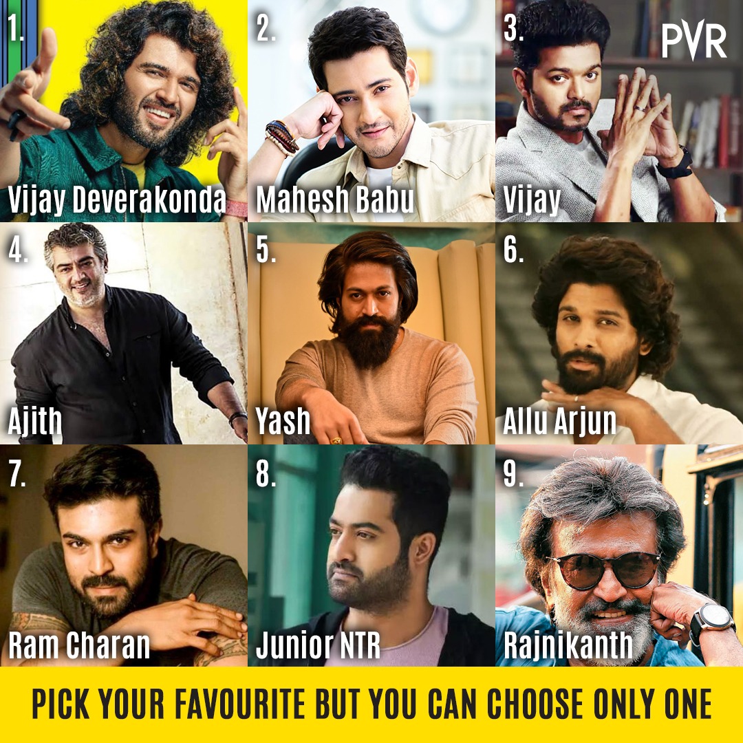 _PVRCinemas's tweet photo. We know it’s not easy to choose one from this grid of super-talented actors who have given us numerous blockbusters but still, try and choose just one!

#pvr #pvrcinemas #VijayDeverakonda #MaheshBabu #Vijay #Ajith #Yash #AlluArjun #RamCharan #JuniorNTR #Rajnikanth https://t.co/BPOYOBXLuF