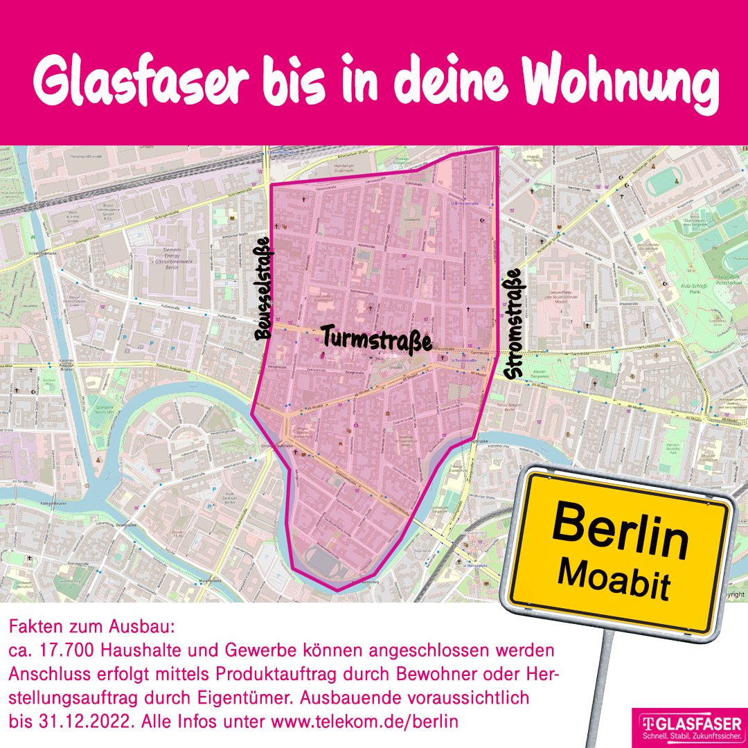 telekomnetz's tweet photo. #Telekom wird in #Berlin #Moabit ein Glasfasernetz für  17.700 Haushalte ausbauen. Das neue Netz ermöglicht Bandbreiten bis zu 1 Gigabit pro Sekunde (Gbit/s). Kostenfreien Hausanschluss sichern: https://t.co/LSLFsvkPL4. #DasNetz #Glasfaseristmagenta #Glasfaser https://t.co/z4gaQylgMX