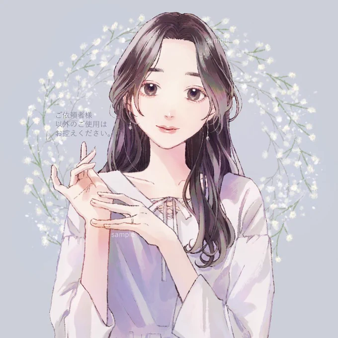 アイコンイラスト柔らかい雰囲気の女性のイラストをご依頼いただき制作いたしましたブルーグレーの背景にかすみ草を添え、上品なイメージで仕上げました#illustration #commissionsopen 
