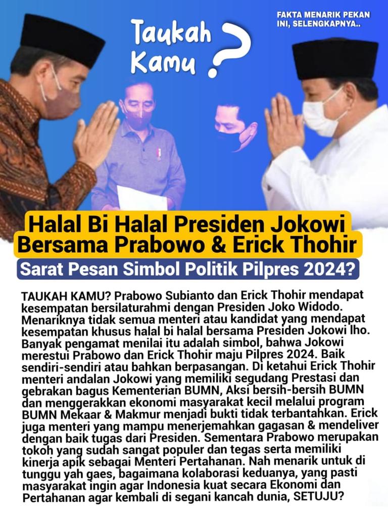 Wijisony's tweet photo. Tidak semua Menteri mendapatkan kesempatan untuk acara halal bihalal bersama pak Jokowi #PrabowoErick Simbol Politik https://t.co/ctFAsW2K1T