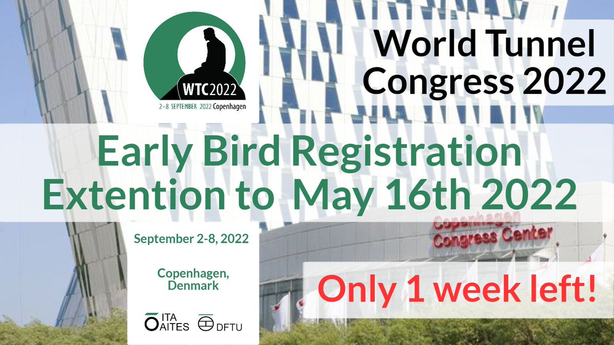 #WTC2022
Early bird registration ends in 𝗼𝗻𝗲 week!
Don’t miss out on this cost-effective opportunity to attend the World Tunnel Congress in Copenhagen!
Attend in-person or virtually. Pick the best option for you.
Get registered! Please go to wtc2022.dk
