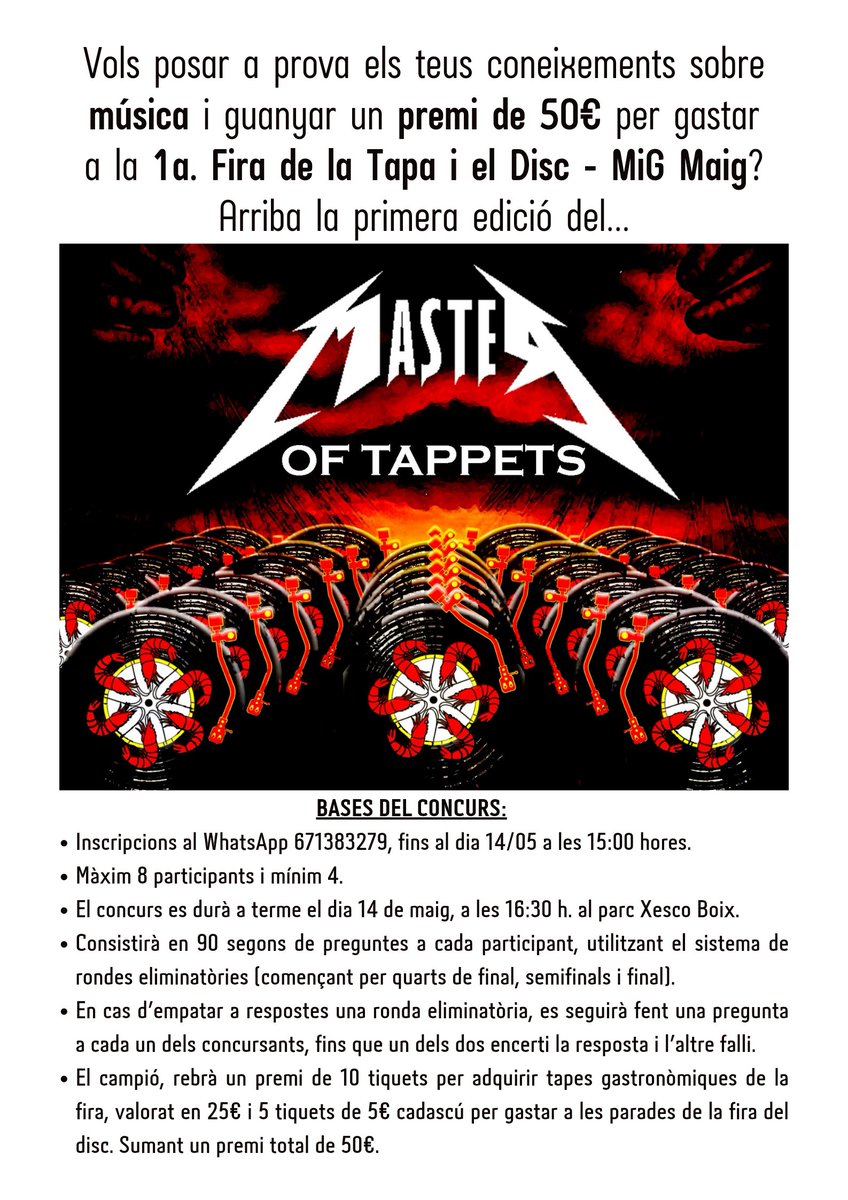 AjPoblaLillet's tweet photo. 📢 Vols posar a prova els teus coneixements sobre música i guanyar un premi de 50€ per gastar a la 1a Fira de la Tapa i el Disc - MiG Maig? 📻

Arriba la primera edició de

MASTER OF TAPPETS 🤘🏻

🔹Inscripcions al WhatsApp 671383279 fins al dia 14/05 a les 15h #LaPobladeLillet https://t.co/g8J6ZlwUrs