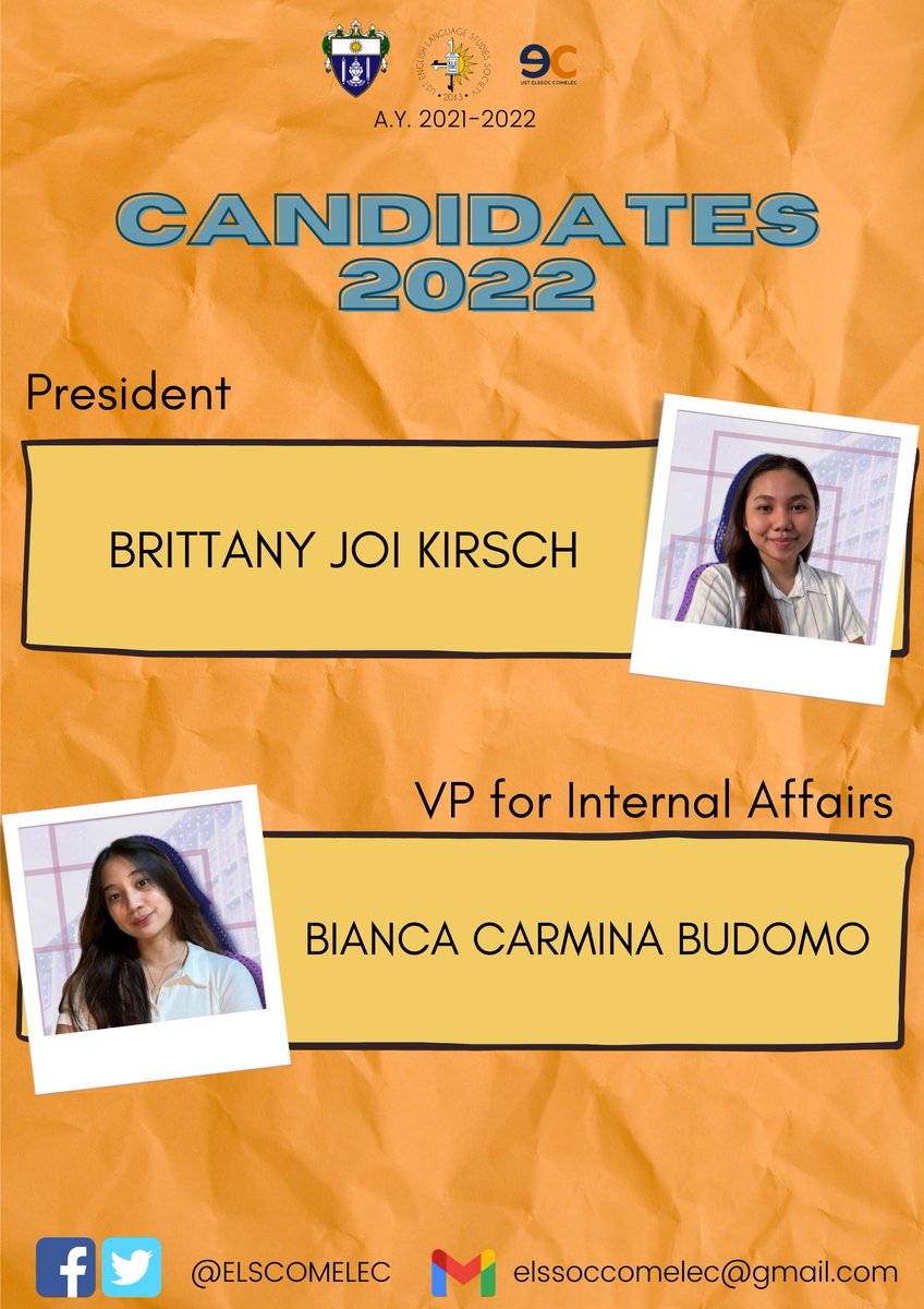 ELSCOMELEC's tweet photo. Good day, ELSSOC!

The Electoral Committee resolves to ensure fairness and justice for the Executive Board Elections in the upcoming AY 2022-2023.

With this, posted here are your official candidates for the elections. You can read their following platforms below.

Stay safe! https://t.co/kOjh7Xd1Wk