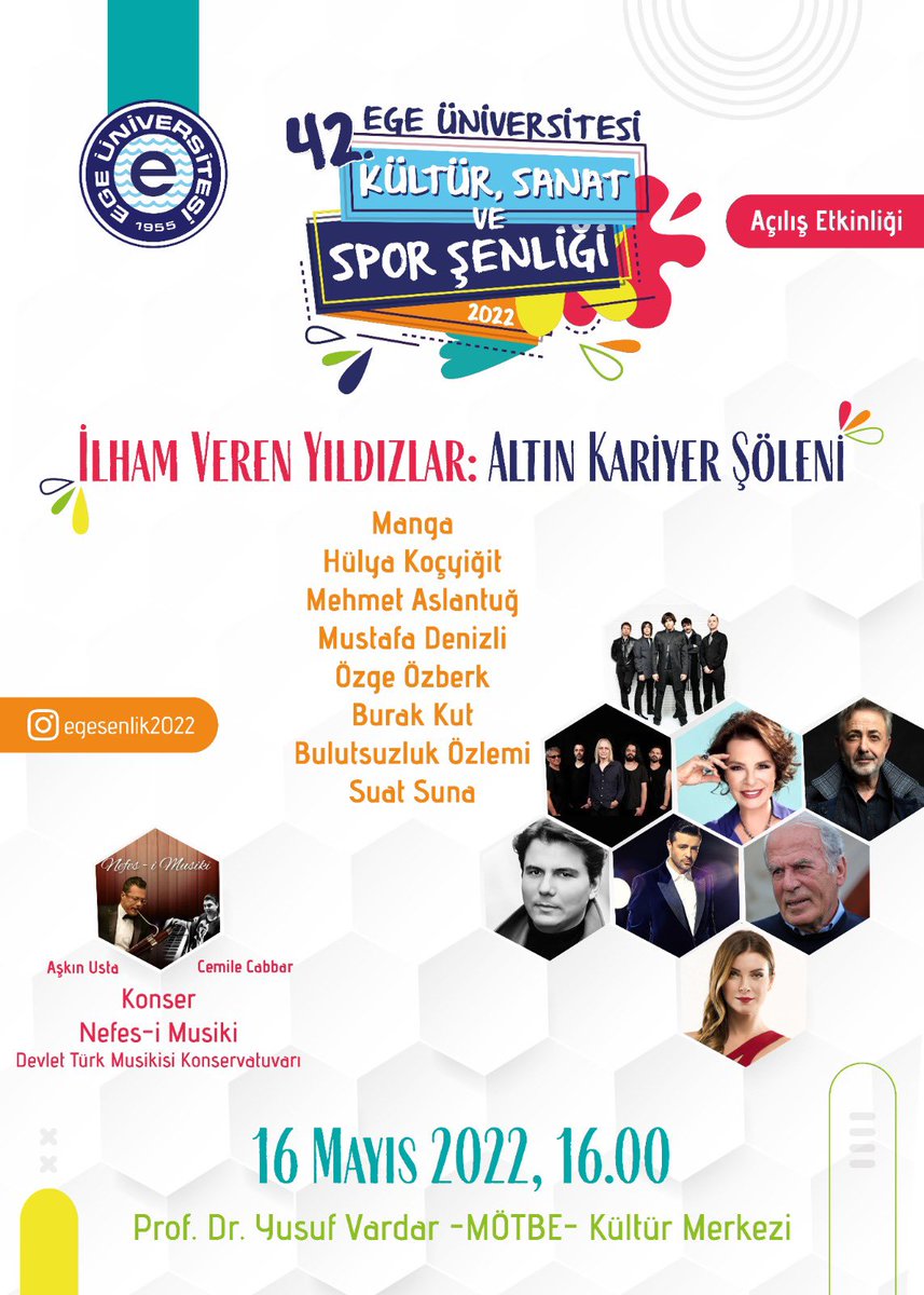 UniversiteEge's tweet photo. Yoğun bir dönemin yorgunluğunu atmak ve baharın coşkusunu birlikte doyasıya yaşamak için 16-18 Mayıs'ta gerçekleştireceğimiz 42. EÜ Kültür, Sanat ve Spor Şenliği'ne tüm Ege'lileri bekliyoruz. Şenlik programına aşağıdaki bağlantıdan ulaşabilirsiniz.
https://t.co/4AO5dCtyBs https://t.co/QmZkg5FMBV