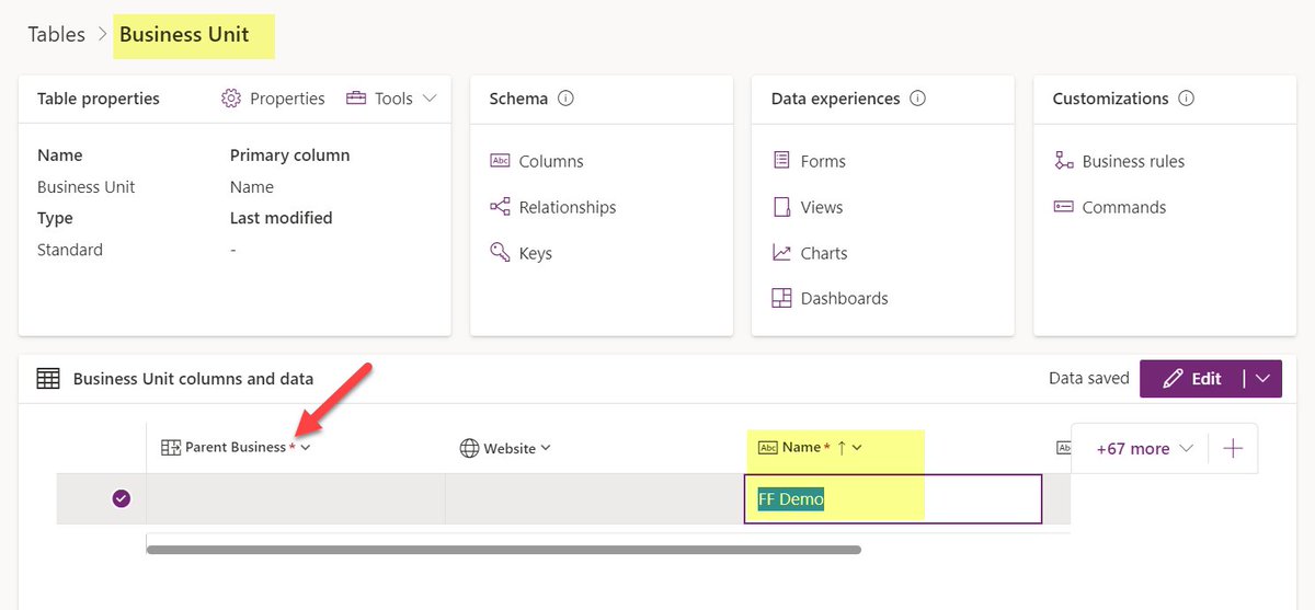 jukkan's tweet image. The first thing I tried in the table editor? Renaming the parent BU. This has been broken in the default UI since 2015 yet is now possible in #PowerApps Maker portal preview!😆