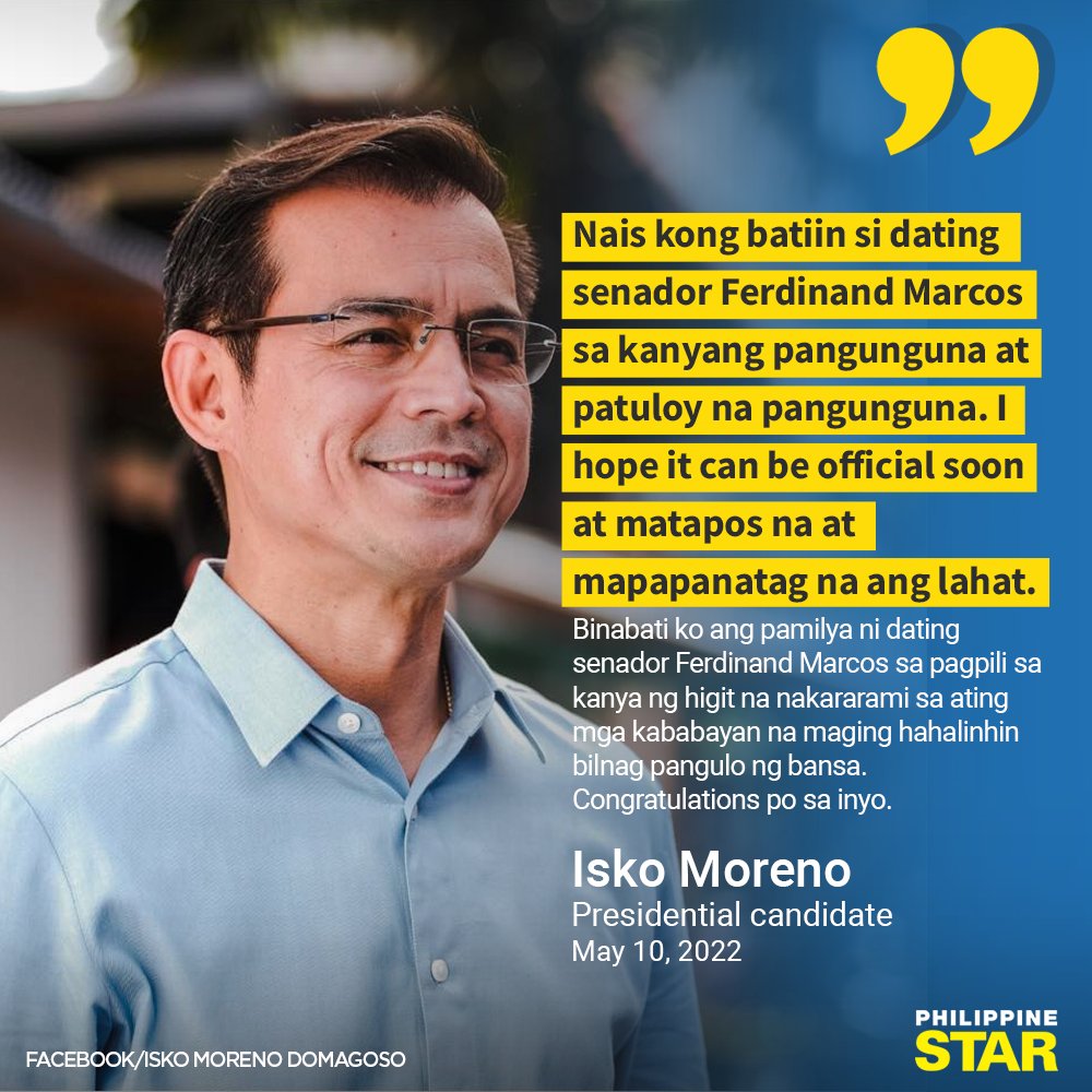 PhilippineStar's tweet photo. ‘I HOPE IT CAN BE OFFICIAL SOON’

Presidential candidate Isko Moreno Domagoso congratulates former senator Bongbong Marcos for topping the unofficial count in the presidential race as he concedes his candidacy and accepts the election results. https://t.co/QeTnMZkP71