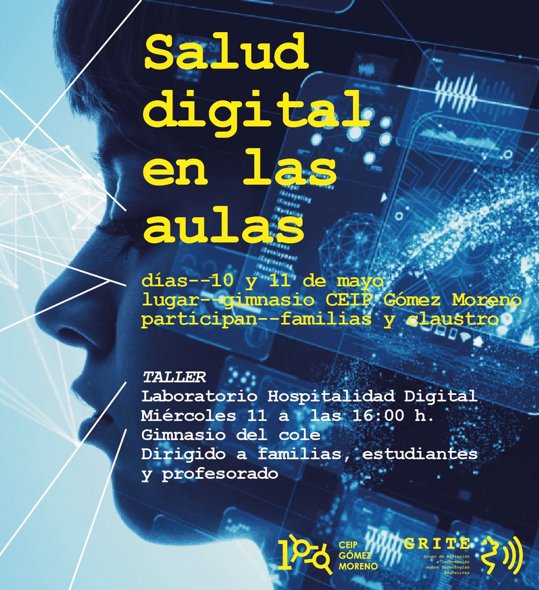 ampagomezmoreno's tweet photo. Desde nuestro Grupo para la Reflexión e Información sobre Tecnología Educativa #GRITE te animamos a participar en la Jornada de Salud Digital en las Aulas 🔊 abierta mañana miércoles, a toda la comunidad https://t.co/9Pj12kr595