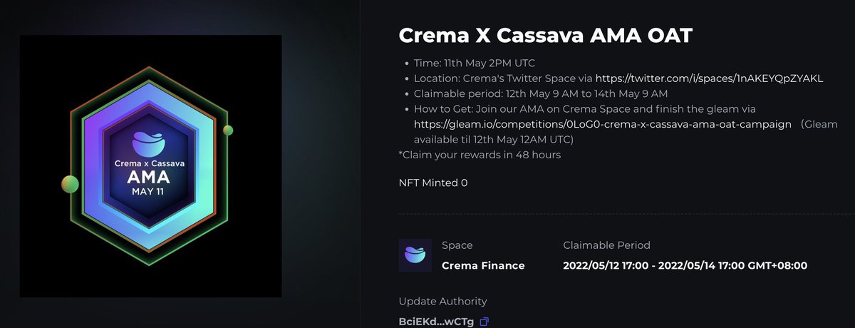 We've released a 'Crema X <a href="/CassavaNetwork/">CassavaNetwork</a> AMA OAT'on <a href="/ProjectGalaxyHQ/">Now Galxe (Previously Project Galaxy)</a> 🎉💥
Join our AMA and complete the tasks to win OAT NFTs

Gleam link: gleam.io/competitions/0…
Gleam available til May 12th 12AM UTC
OAT Claimable period: 12th May 9 AM to 14th May 9 AM UTC
#CremaFinance #Solana