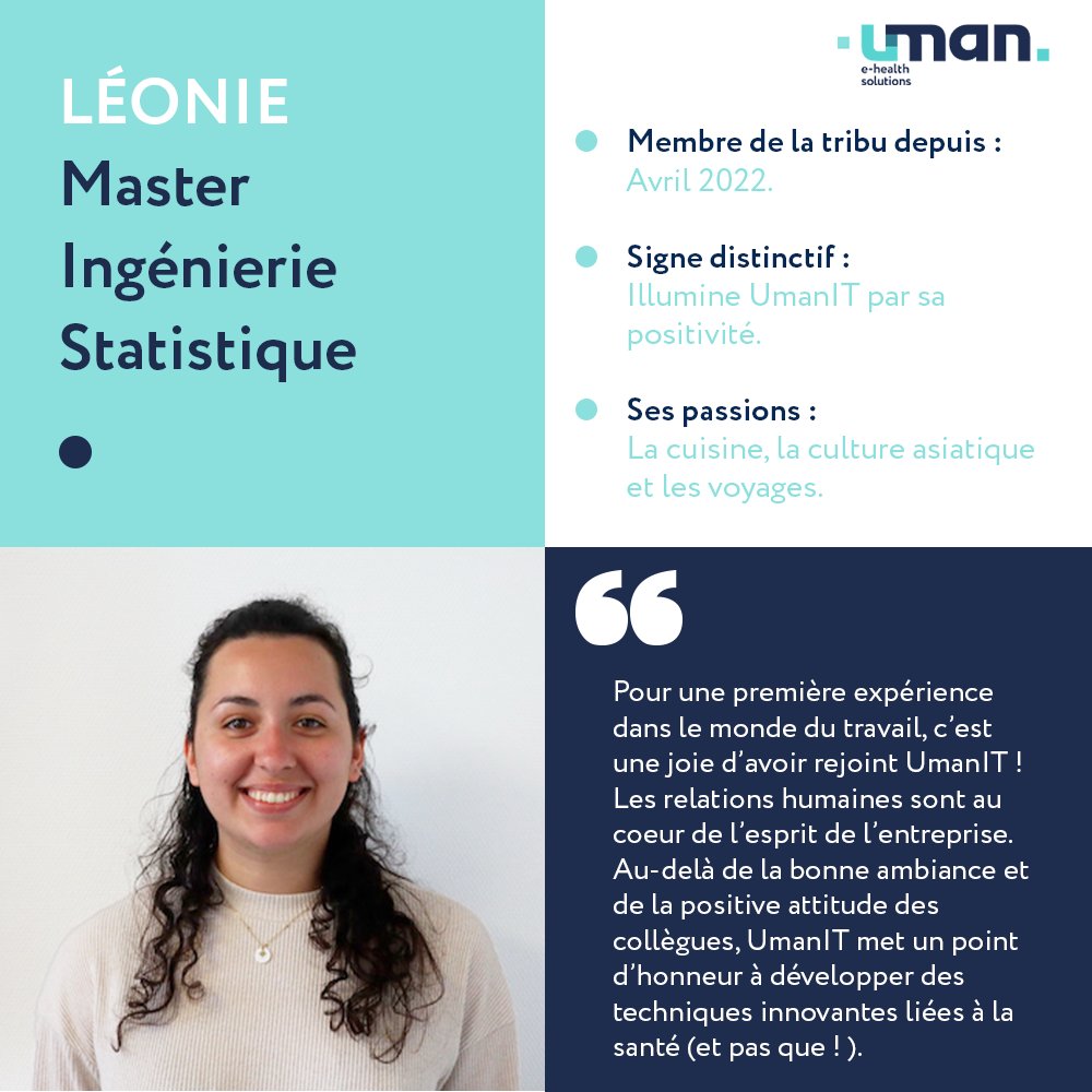 👩‍💻[#Témoignage]

Toujours positive, Léonie illumine chaque jour l'agence. 😁

Étudiante en Ingénierie Statistique, elle intervient chez UmanIT pour analyser les données d'eGait. 🧐

Pour en savoir plus sur la #UmanITeam :

👉 lnkd.in/gdWRqws8