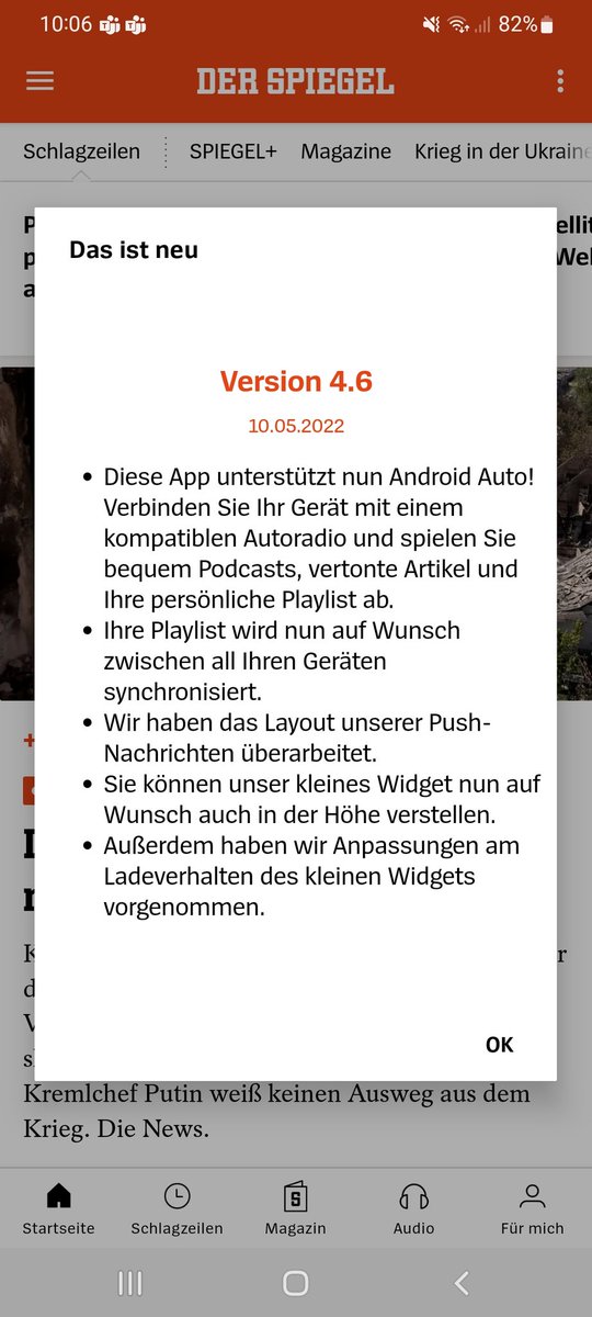 Ganz viel Neues in der <a href="/derspiegel/">DER SPIEGEL</a> -Android-App, vor allem rund um Audio. Android Auto wird jetzt unterstützt, und die Playlist lässt sich mit Login über mehrere Devices synchronisieren. Danke u.a. an die TechLab (@snik et al.), das Team von <a href="/pgrahle/">Peter Grahle</a> und an <a href="/powerrau/">Maximilian Rau</a>. 🪅🚀