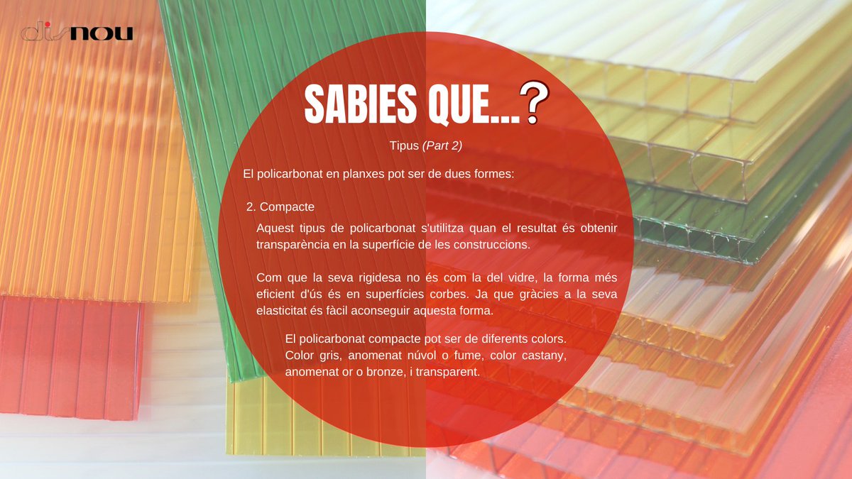 Disnoual6's tweet photo. Nova publicació de #SabiesQue...❓
Parlem sobre un dels nostres #materials, el POLICARBONAT, dels diferents #tipus que existeixen🔍
Ens queden algunes dades més per explicar-vos! 👀🔜
ℹ️ #Policarbonat (7/7) (Part 2)
#Disnou #CastellarDelValles #policarbonato #polycarbonate https://t.co/6d93EYjgbU