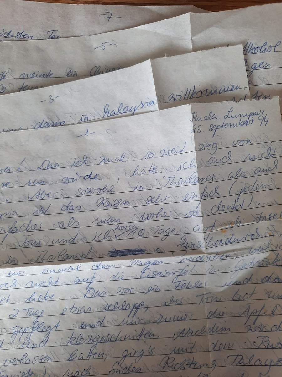 TheNakedWeaver's tweet photo. Back in the days we did write long letters. Just found a bunch I had written in 1994 to my granny, from my travels in #Malaysia. This one has 8 pages. Happy days. I received my letters #posterestante from the main po in #Singapore.
#southeastasia
#letterwriting
#airmail https://t.co/gae6QVNxcJ