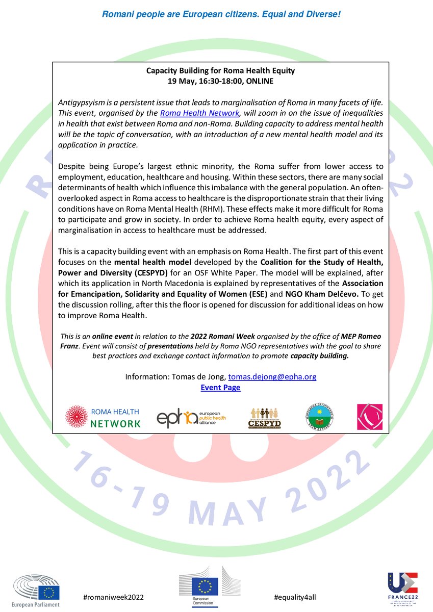 EPHA_EU's tweet photo. 📢19th May
Join us along with @CESPYD_us @ese_macedonia @NvoKham for an online event that aims to address the #MentalHealth conditions of #RomaCommunity and guarantee their inclusion in civil society.
Register 👉 https://t.co/qtoXezzjNW
#RomaniWeek➡️ https://t.co/P0iF6fNcf8 https://t.co/Z6Dlr8XHCg