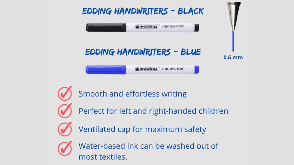 adlerbs's tweet photo. Ideal for children learning to write, these Edding Handwriter pens feature a robust plastic nib and water based ink, which is washable from most textiles at 40 degrees Celsius. The medium tip writes a 0.6mm line width, available in Black or Blue ink, packs of 42 or 200. https://t.co/WT2bZOOKIG