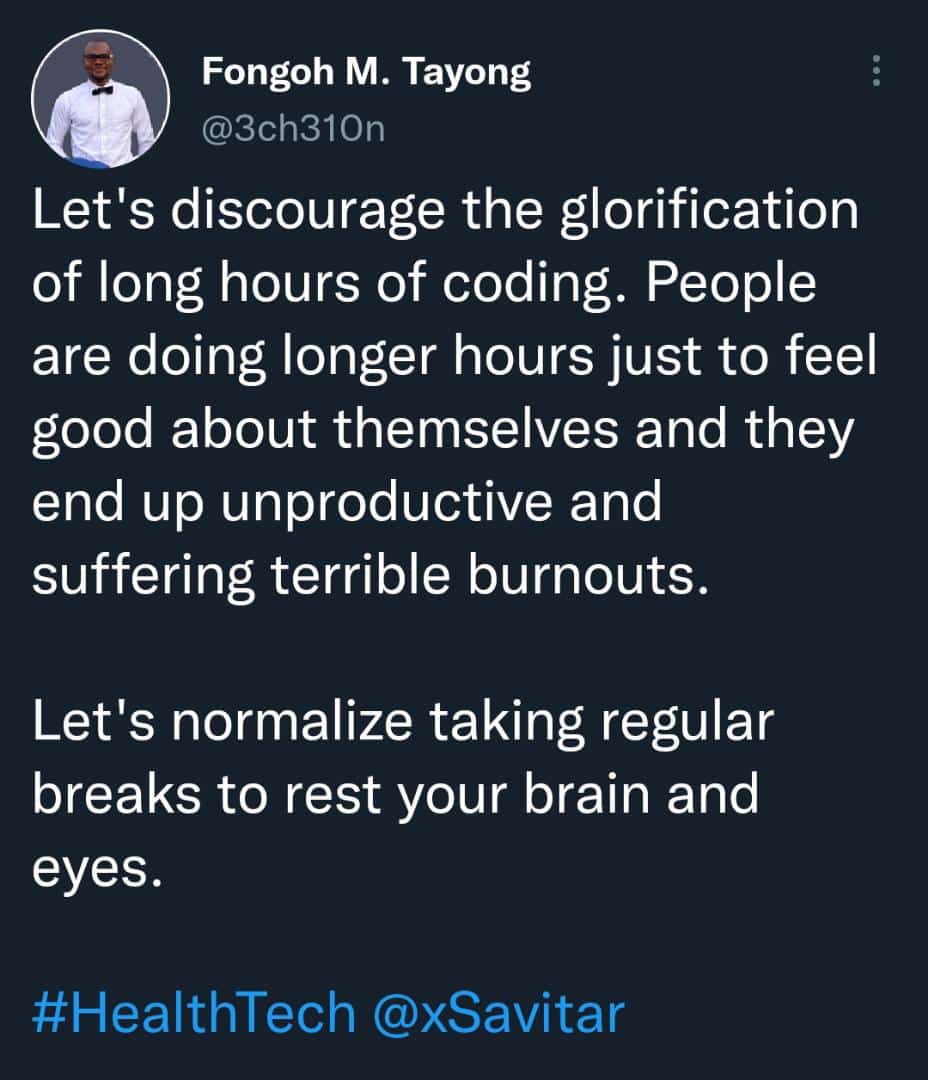 EmilyAs31832988's tweet photo. Be careful and avoid unproductivity and burnouts in the name of working long hours none stop. Let's normalize regular breaks amidst work for better productivity. Care for your health please 🙏🙏 #Fongo M. Tayong https://t.co/4ujmYh5hia