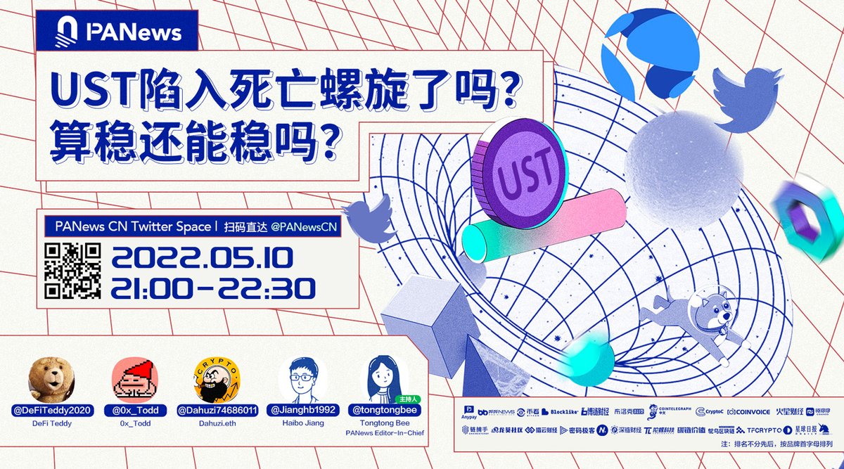 PANews (@panewscn) on Twitter photo 🎙️#PANews Space: UST陷入死亡螺旋了吗?算稳还能稳吗?
嘉宾: <a href="/DeFiTeddy2020/">DeFi Teddy</a>、<a href="/0x_Todd/">0xTodd</a>、@Dahuzi74686011、<a href="/Jianghb1992/">Haibo</a>
主持: <a href="/tongtongbee/">Tongtong Bee 🐝</a>
⏰活动时间: 5/10 21:00 (UTC+8)
👇直播链接(可预约&回放):
x.com/i/spaces/1OyKA… 🎙️#PANews Space: UST陷入死亡螺旋了吗?算稳还能稳吗?
嘉宾: <a href="/DeFiTeddy2020/">DeFi Teddy</a>、<a href="/0x_Todd/">0xTodd</a>、@Dahuzi74686011、<a href="/Jianghb1992/">Haibo</a>
主持: <a href="/tongtongbee/">Tongtong Bee 🐝</a>
⏰活动时间: 5/10 21:00 (UTC+8)
👇直播链接(可预约&回放):
x.com/i/spaces/1OyKA…