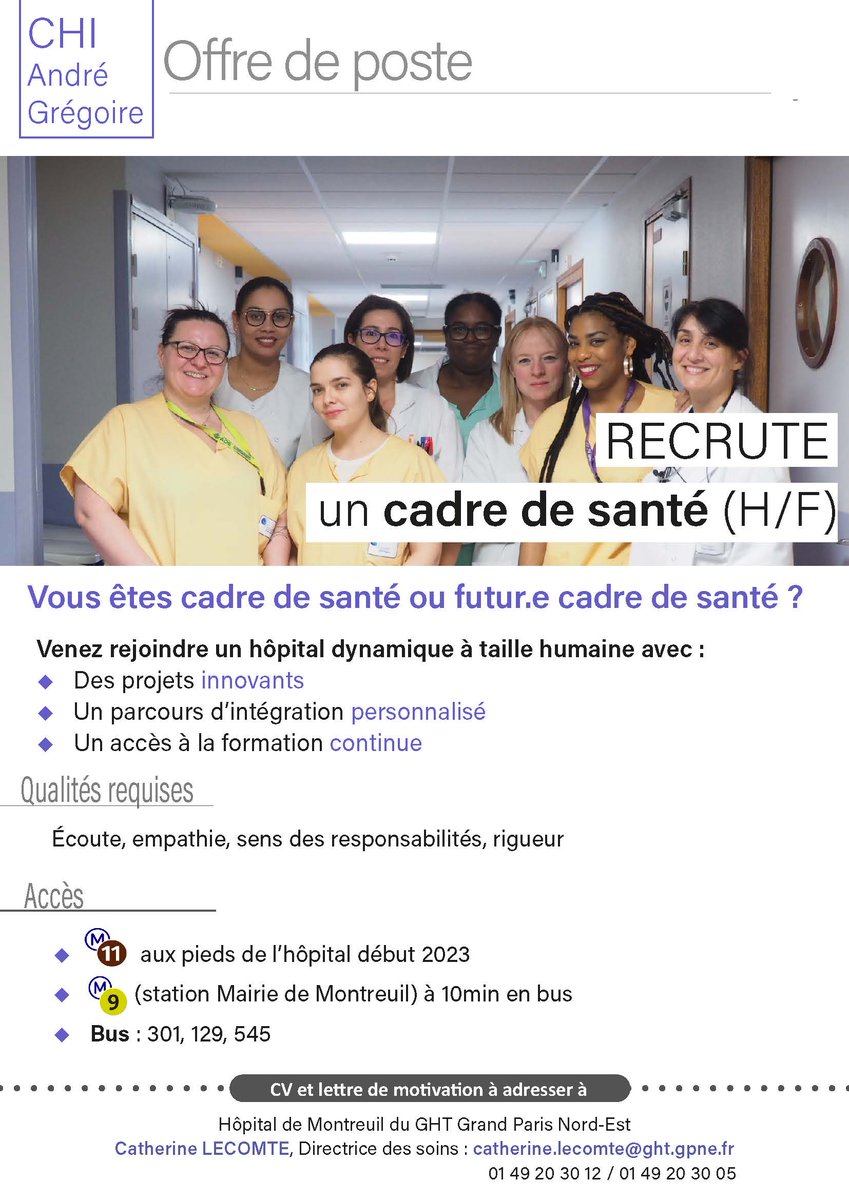 💼 Vous souhaitez intégrer une équipe dynamique ?

Le CHI André Grégoire propose un poste de Cadre de Santé 

👉 Saisissez l'opportunité et adressez votre candidature par mail à l'adresse suivante : catherine.lecomte@ght-gpne.f
