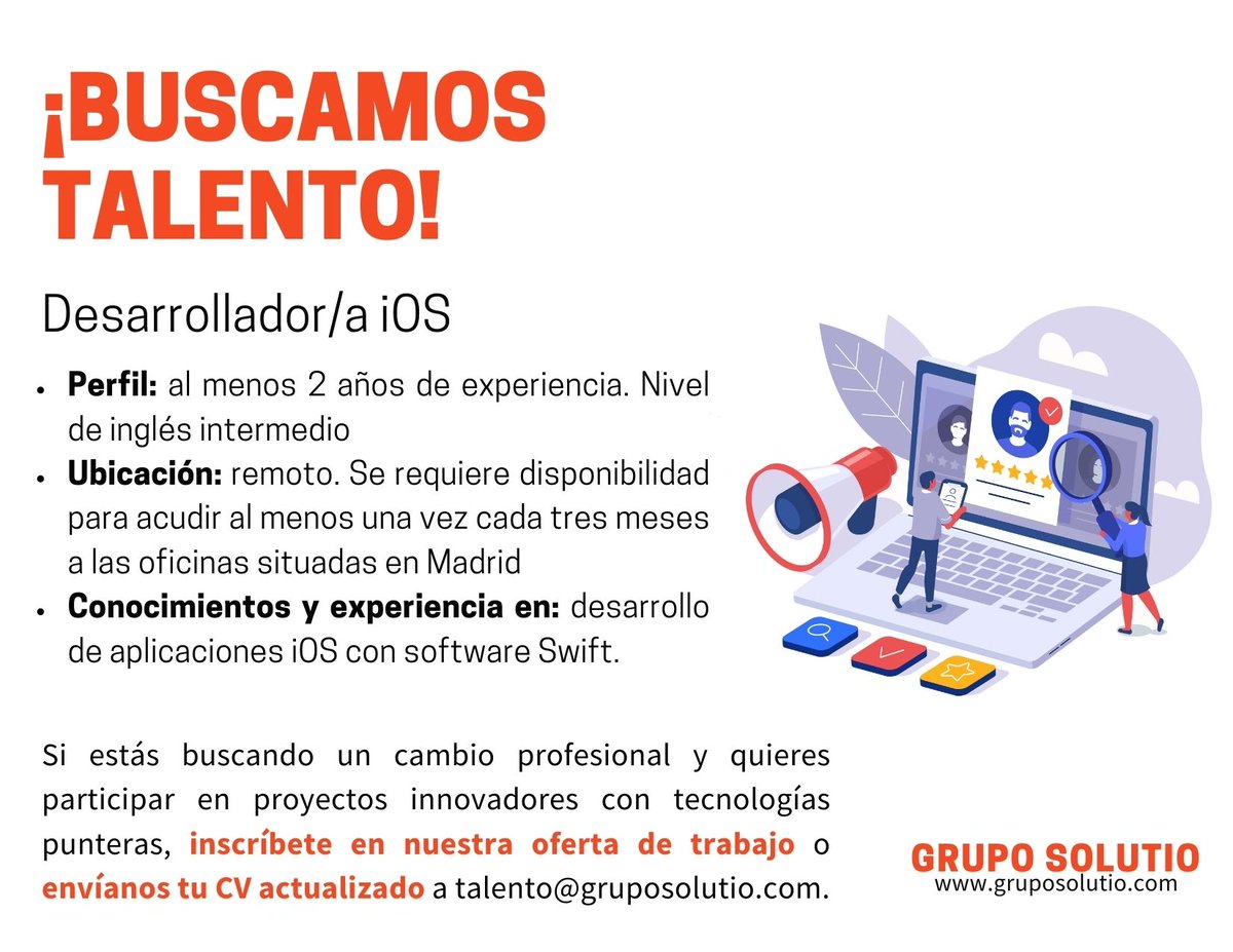 Grupo_Solutio's tweet image. Seleccionamos a un/a #DesarrolladoriOS para incorporación en remoto en proyecto de cliente. 

➡Aplica aquí: bit.ly/3N1JSd7
➡Envíanos tu CV a talento@gruposolutio.com

#SolutioTalent #iOS #desarrolloiOS #iOSdeveloper #desarrollodeapps #Swift #ITJobs