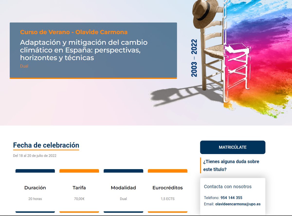 ¡Apúntate al nuevo Curso <a href="/olavidecarmona/">Olavide en Carmona</a>!
#Adaptación y #mitigación del #cambioclimático en España: perspectivas, horizontes y técnicas.
+ Info: upo.es/formacionperma…
Programa: upo.es/cms1/export/si…