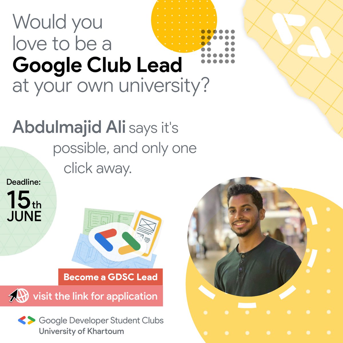 gdsc_uofk's tweet photo. You can now apply to become our next lead!

Visit this link for more information on opportunity criteria and application form: https://t.co/JPJ86wXuYd

#GDSCLEADS
#GDSCMENA
#GoogleDeveloperStudentClubs https://t.co/dFtjoLGamV